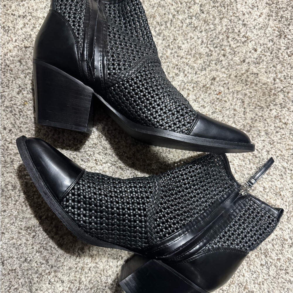 Woven Black Ankle Boots - Women's Stylish Block Heel